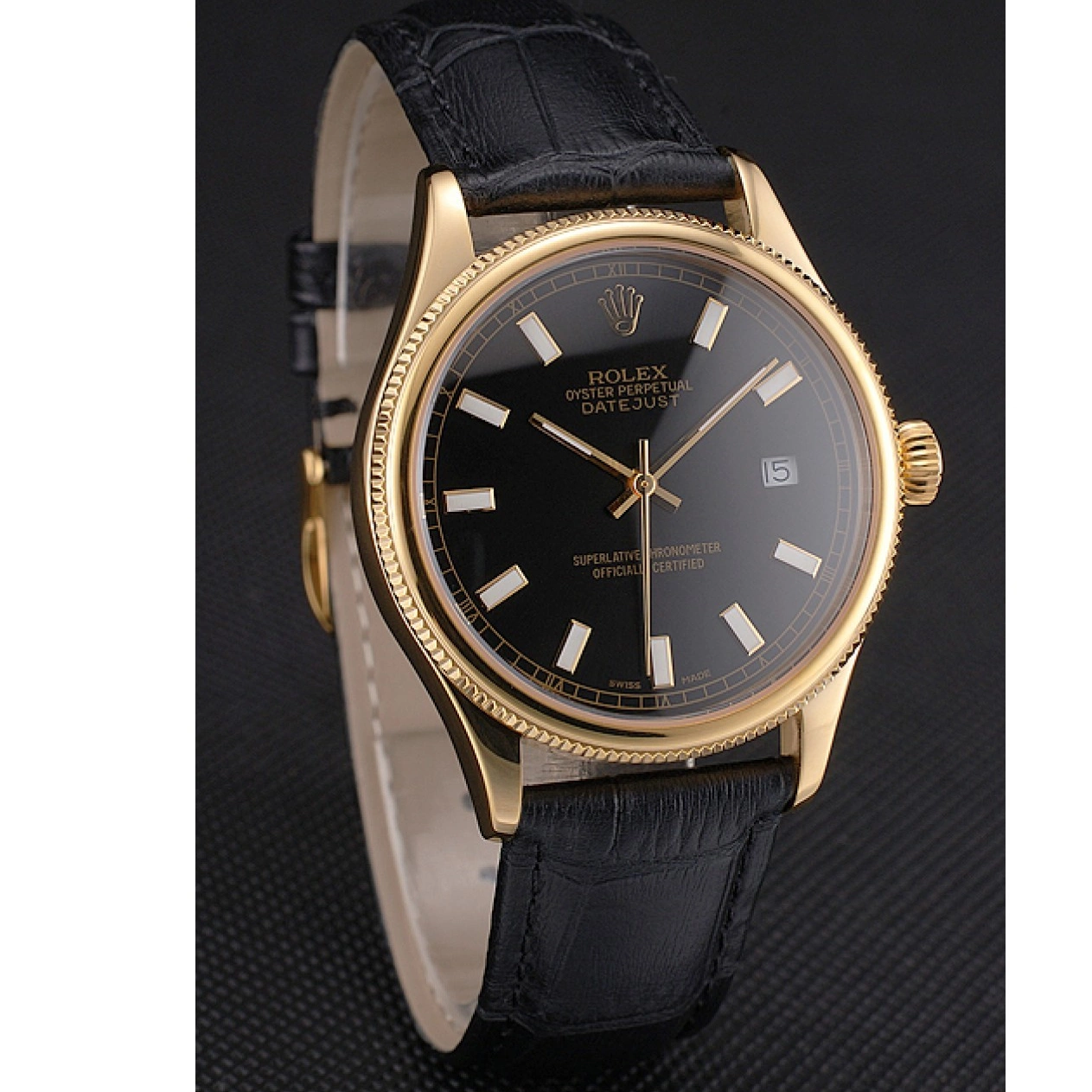 Aaa replica Swiss Strap Black Leather Dial Case Datejust Black Gold Rolex 0707